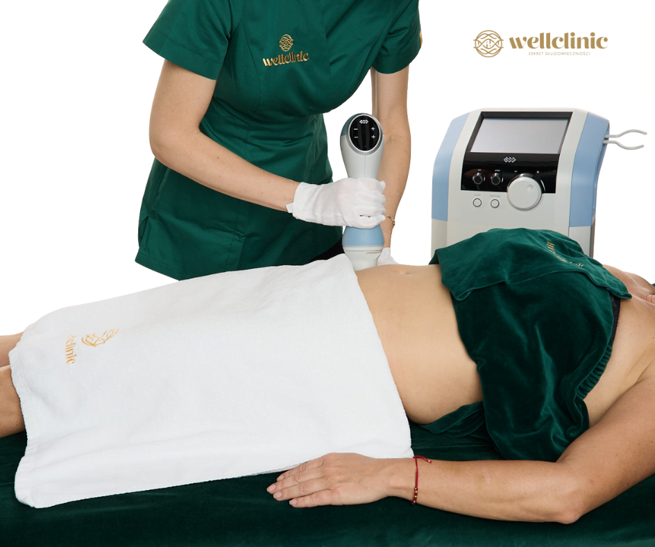 cosmetologist performs cellulite removal treatment on woman